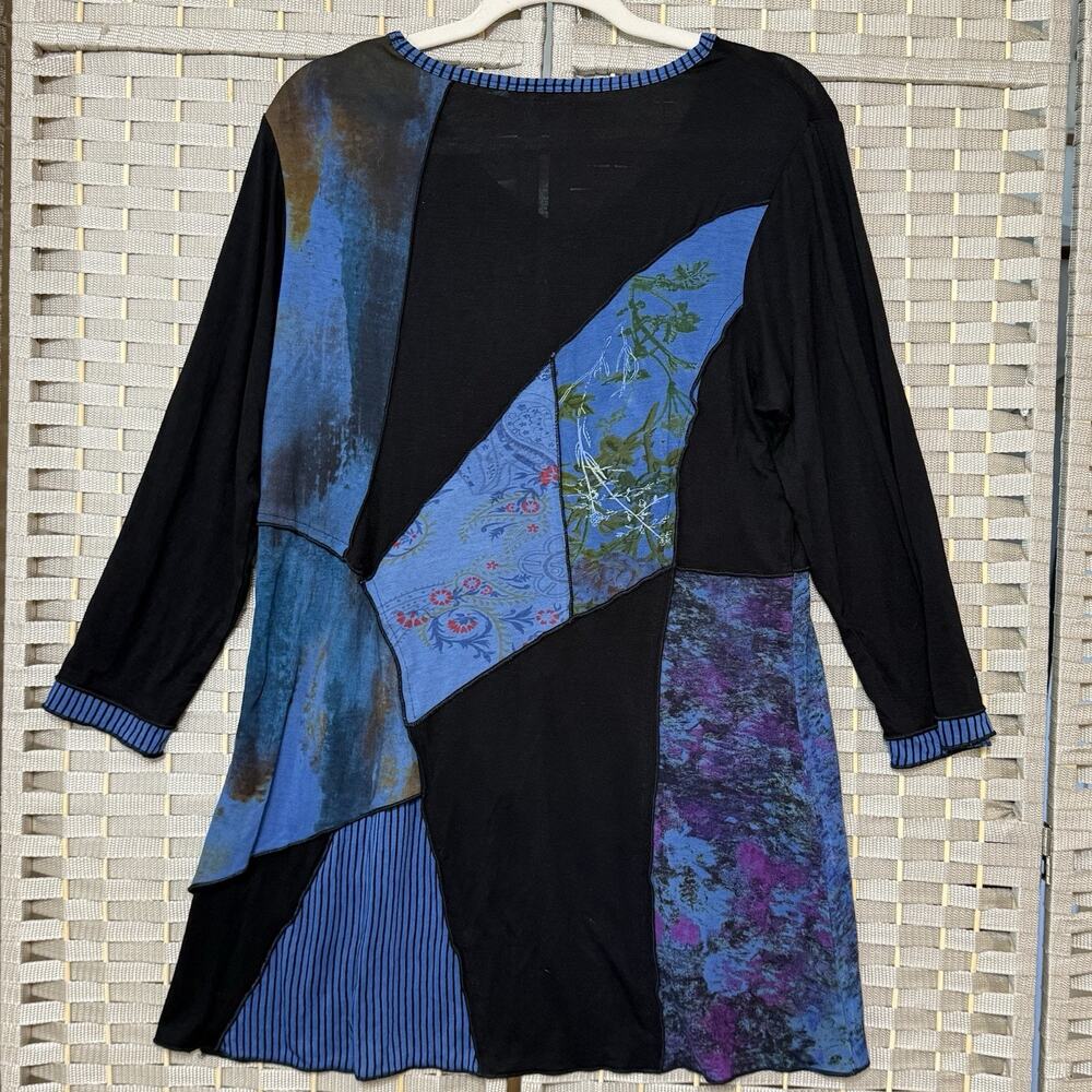 Parsley & Sage 3/4 Sleeve Knit Tunic Women’s M Blue Multi Media Patchwork Tee - Picture 2 of 8